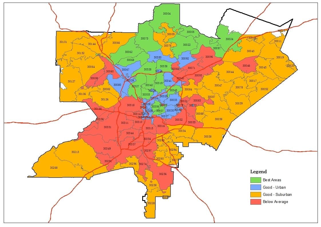 Atlanta plotas pašto kodą žemėlapyje